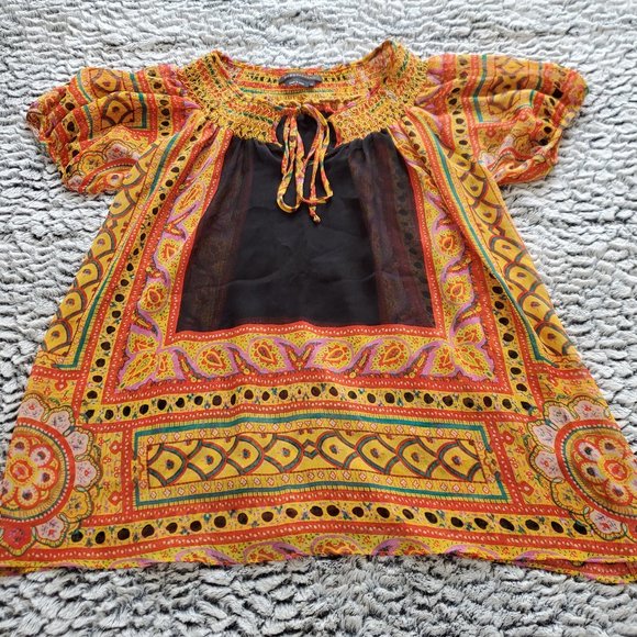 BCBG Max Azria Sheer Smocked Neck Peasant Style Top Shirt - Picture 5 of 6